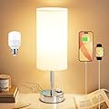 Touch Table Lamp for Bedroom Nightstand - Bedside Lamp with USB-C USB-A Charging Ports White, 3 Way Dimmable Small Lamp Fabric Shade Silver Base for Bedroom, Dorm Room, Office, Living Room, Reading