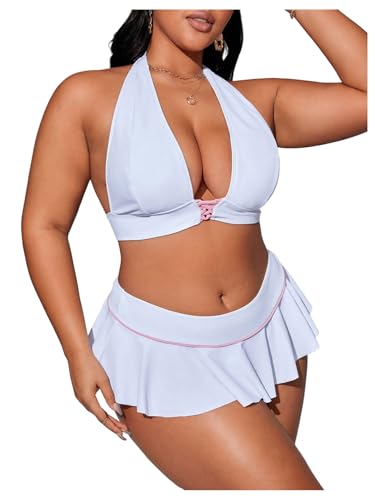 MakeMeChic Women's Plus Size Bikini Sets Criss Cross Halter Tie Back Ruffle Swimsuits
