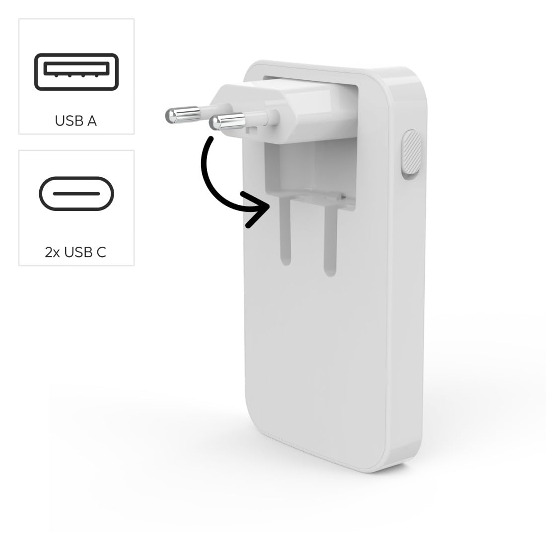 Hama - Cargador rápido USB-C de 65 W GAN de 3 Puertos (Corriente eléctrica, 2 x USB-C 65 W, 1 x USB-A 18 W, Mini Cargador PD Ultra Plano, Compacto y Plegable, Qualcomm Quick Charge, para PC