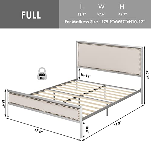 Hithos Full Size Silver Metal Bed Frame With Velvet Upholstered Headboard, Platform Bed With 10.4" Under Bed Storage, Mattress Foundation With Nailhead, No Box Spring Needed (Silver Beige/Velvet, F) #TOP1