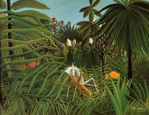 Peinture à l'huile Henri Rousseau toile de qualité premium sur le thème Horse Attacked by a Jaguar