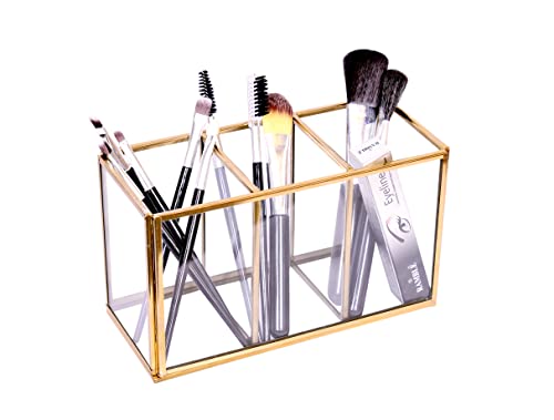 Image of Glass Makeup Brush Organizer with Gold Metal Frame - Cosmetic Brush Holder for Vanity, Dressing Table & Bathroom Counter - Multi Compartment Beauty Storage - 18 x 8 x 10 cm