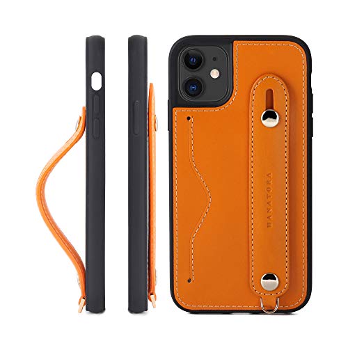 HANATORA IPhone 11 グリップケース レザー 本革 ストラップ付属 イタリア製牛革 ヌメ革 片手操作 カード収納 スタンド機能 メンズ レディース オレンジ CGH-11-Orange