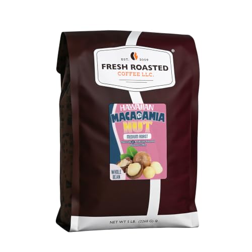 Fresh Roasted Coffee, Hawaiian Macadamia Nut Flavored Whole Bean Coffee, Medium Roast, Kosher, 5 lb (80 oz)