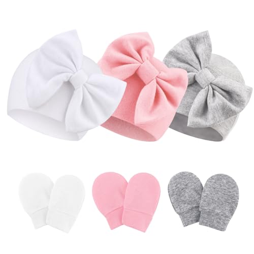 Image of Newborn Baby Hats and Mittens Set Infant Bow Beanie Cap Toddler Gloves Newborn Hospital Hats for Baby Boy Girl 0-12 Months
