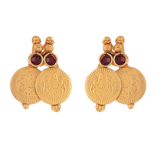 Image of ZENEME Jewellery Set Gold Plated Long Traditional Maharani Beads Studded Temple Coin Necklace Set with Earrings Jewellery For Women & Girls