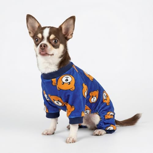 Fitwarm Hunde-Pyjama, Hundekleidung für kleine Hunde, Jungen, Mädchen, Fleece-Einteiler mit Füßen, Königsblau, Braun, Größe S
