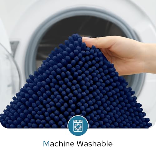 Image of BYSURE Navy Blue Bathroom Rugs Sets 3 Piece with Toilet Lid Cover Non Slip Extra Absorbent Plush Chenille Soft Washable Bath Mats