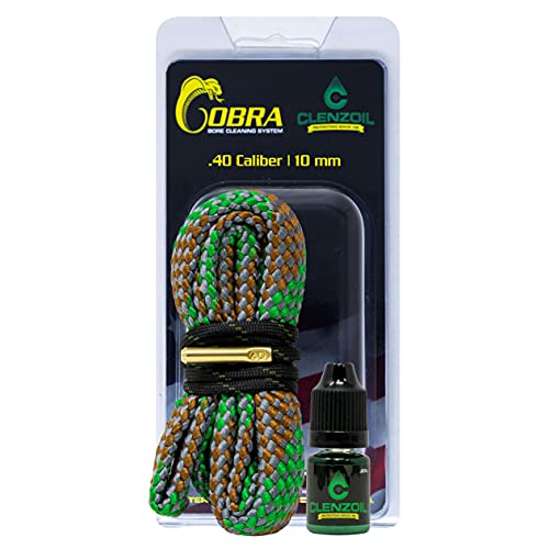 Clenzoil Cobra Bore Cleaning System - Efficient, Easy Gun Cleaning Kit - Includes CLP Gun Bore Cleaner - with Integrated Brass Bore Brush - Woven Cotton Rope - for 40 Caliber & 10 mm Pistols