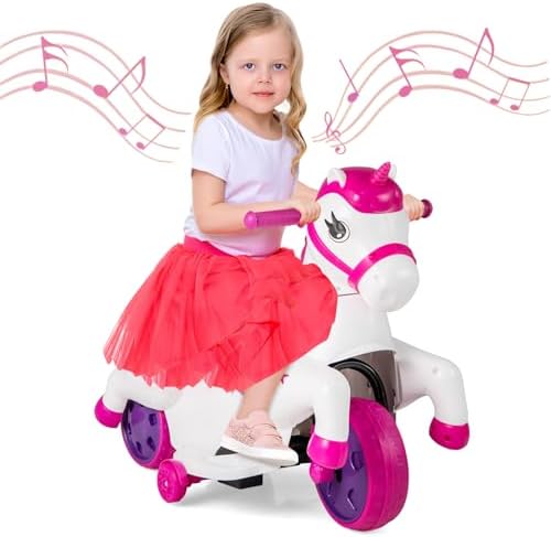 OLAKIDS 2 in 1 Ride on Motorcycle and Horse, Unicorn 6V Battery P...