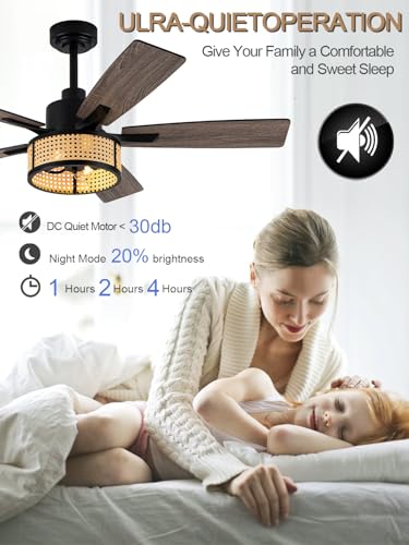 Image of 52 Inch Boho Ceiling Fan with Lights Remote Rattan Caged Chandelier Fan Farmhouse Rustic Fandelier, 5 Dual Blades, Reversible Quiet DC Motor 6 Wind Speeds Timer for Bedroom Patio