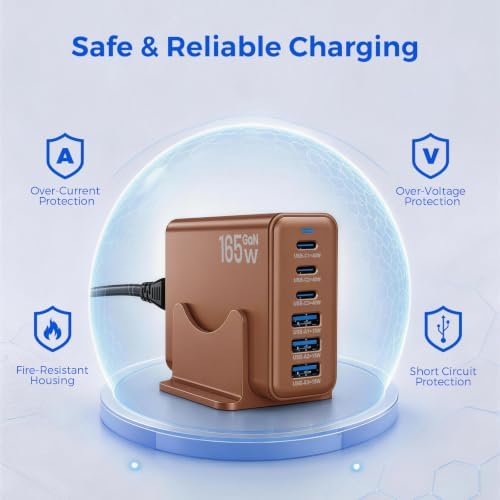 Pravish 165W GaN Charging Station, 6-Port USB C & USB A Charger, Brown - 4