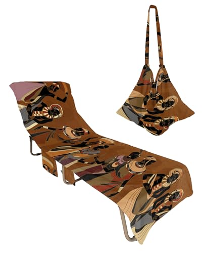 African Black Women Beach Lounge Chair Towel Cover, Soft Chaise Lounge Towel with Side Pockets Patio Pool Chairs Cover for Beach/Pool Sunbathing 29x85 Brown Beige Ethnic Abstract Art