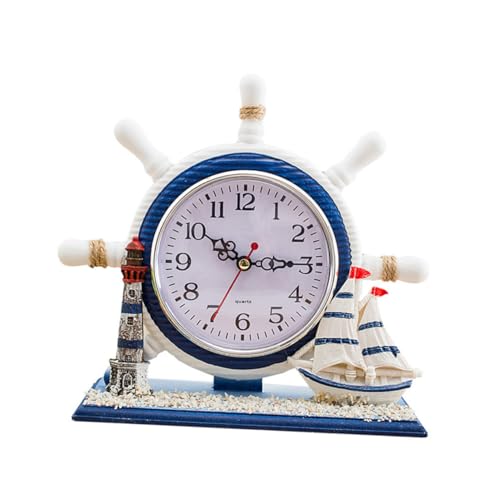 SAFIGLE Mediterrane Nautische Tischuhr Stille Uhr mit Segelboot Design Künstlerische Wohnzimmertisch deko Geräuschloses Uhrwerk Kreative Maritime Wohnraumgestaltung Geschenkidee für