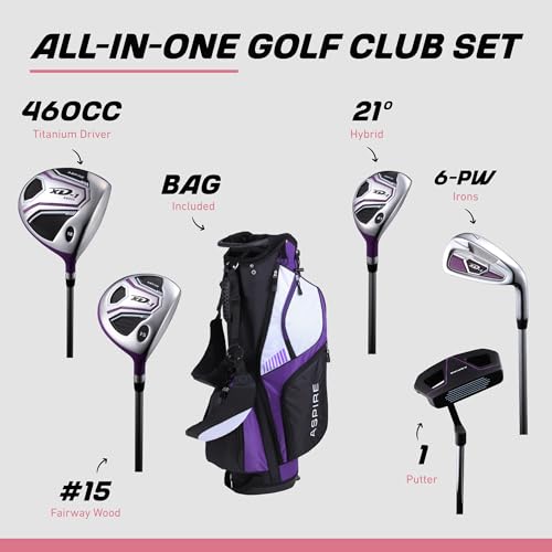 Aspire XD1 Womens Golf Clubs Full Set, Includes Driver, Fairway, Hybrid, 6-PW Irons, Putter, Stand Bag, 3 H/C\'s, Ultra-Light Graphite Shafts, Golf Clubs Women Right Handed, Comes in 3 Sizes, Purple