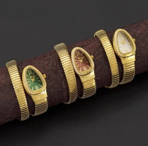 SAMREEN GOLD Serpentine Snake Watch for Women with Spiral Bracelet | Luxury Golden Metal Bezel Quartz Watch | Stylish Waterproof Analog White Dial Serpenti Watch with Roman Numbers