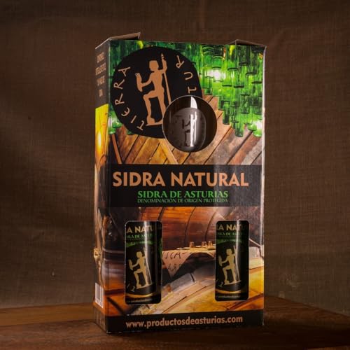 Tierra Astur | Estuche Sidra Asturiana DOP – 2 Botellas (70 cl) + Vaso Serigrafiado | Sidra Natural Asturiana, D.O.P., Calidad Gourmet