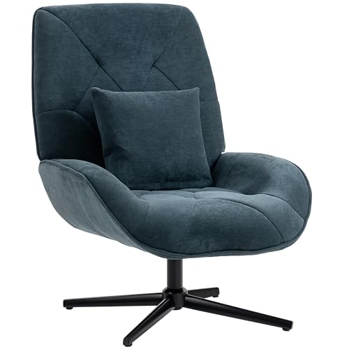 Image of HOMCOM Swivel Accent Chair, Chenille Upholstered Armchair with Lumbar Pillow, High Back, Deep Seat and Metal Legs, Reading Lounge Chair for Living Room, Bedroom, Dark Green