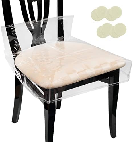 Sherada 2 Pack Clear Plastic Dining Chair Covers Waterproof Stain Scratch Resistant Chair Seat Protectors/PVC Slipcovers Reusable with Adjustable Belt Strap 17''x18'' Complete with Chair Felt Pads