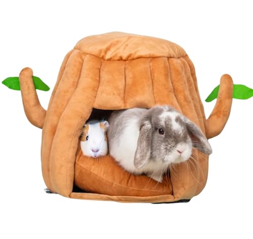 Hopp'd™ Guinea Pig Hideout & Bed – 2-in-1 Washable Tree Stump House | Rat, Ferret, Hamster, Bunny Bed Hideout | Waterproof, Anti-Slip, Chew-Proof | Free Pillow | Small Animal Accessories (Small)