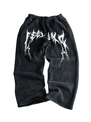SOLY HUX Men's Graphic Baggy Sweatpants Y2k Vintage Gothic Drawstring Elastic Waist Wide Leg Pants Streetwear