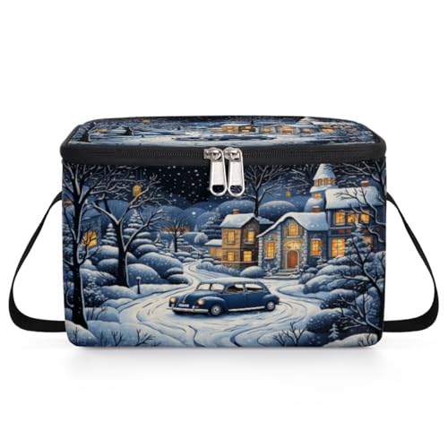 Winter Farmhouse Blue Car Lunch Bags for Women Men 9 Cans, Hot & Cold Food Delivery Bag Insulated Grocery Bag Insulated Lunch Box Cooler Bag for Office Work Picnic Beach