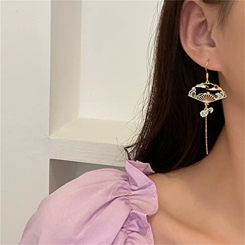Qhovpa Fan Earrings For Woman Girls, Asymmetric Crane Sector Drop Earrings Small Dangle Cute Retro Ethnic Pretty Stud Earrings, Blue Fan #TOP6