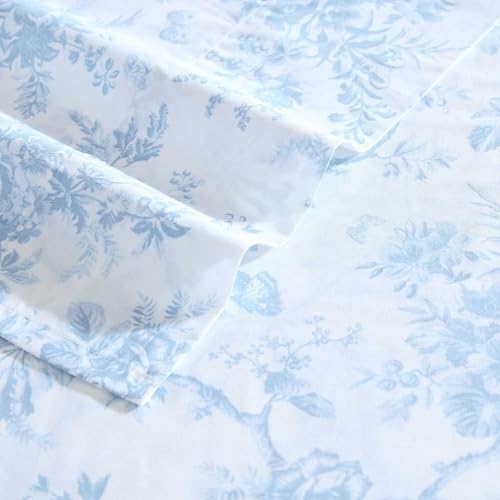 Image of Laura Ashley - Full Size Sheet Set, Crisp & Lightweight Cotton Percale Bedding with Fitted Sheet and Pillowcases, Floral Room Decor, Deep Pocket, College Dorm Room Essentials (Walled Garden Blue)