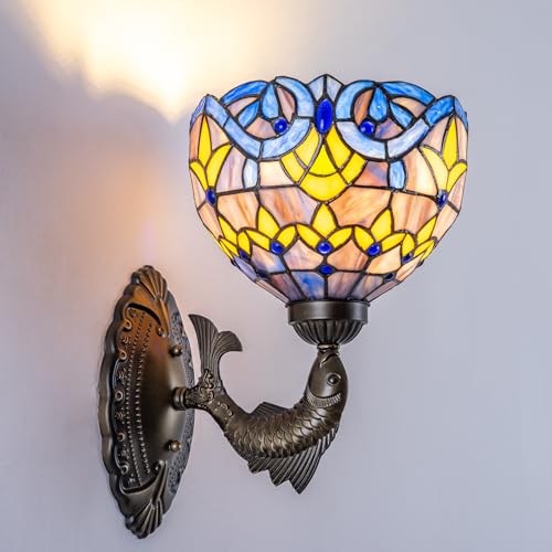Image of Blue Baroque Tiffany Wall Sconce 8 inch Stained Glass Wall Light with E26 Base Vintage Art Deco Wall Lamp for Bedroom Hallway Living Room Home Office