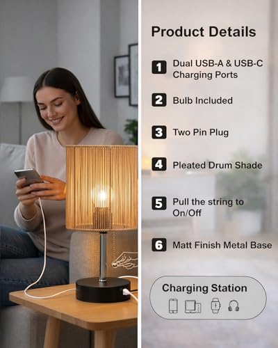 Image of Homesake Bedside Lamp for Bedroom Nightstand Table Light with USB A | C Charging Port, Desk Lamp, Pull Chain Light, Side Table Desk Reading Lamp, Living Room Gift, (Raffia Cane)