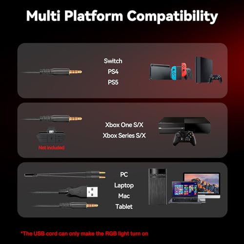 Image of Gaming Headset with Microphone for Pc, Xbox One Series X /s, Ps4, Ps5, Switch, Stereo Wired Noise Cancelling Over-Ear Headphones with Mic, RGB, for Computer, Laptop, Mac, Nintendo (Red)