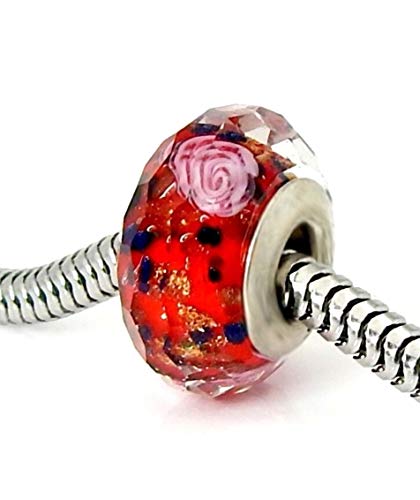 J&M Set of 2 Handmade Red Faceted Murano Glass Charm Bead with Roses for Charms Bracelets