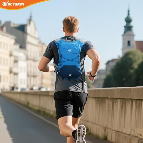 SKYSPER Laufweste für Damen Herren, 12L Laufrucksack Trinkweste Laufen mit 2 Trinkflaschen 500ml Running Vest für Joggen Marathon Trailrunning