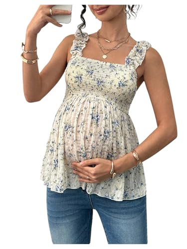 SweatyRocks Womens Maternity Tank Tops Floral Babydoll Top Square Neck Smocked Peplum Blouse Shirts Beige Blue Large