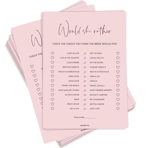 GardenCity Would She Rather Bridal Shower Game Cards for 50 Guests (Blush Pink)