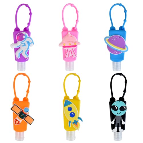 VHOPMORE 6Pcs Travel Size Empty Hand Sanitizer Bottles with Keychain Holder Detachable Silicone Protective Case 30ml Plastic Travel Bottles Leak Proof Refillable Containers - Space