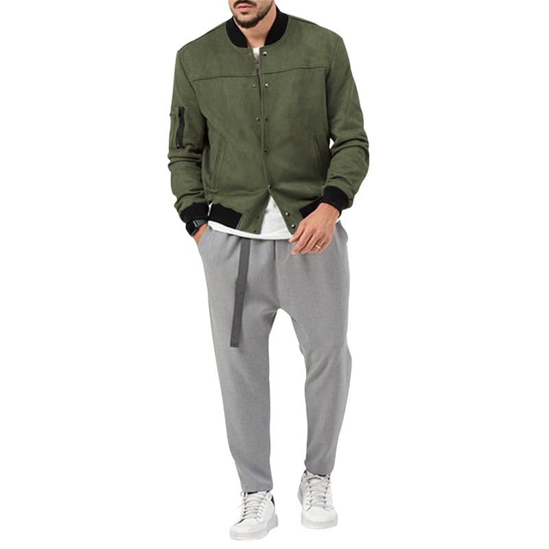 Image of Mens Faux Suede Bomber Jacket Varsity Jacket Windbreaker Vintage Casual Lightweight Leather Coats Jackets
