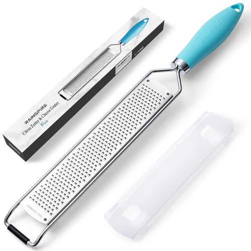 Image of Rainspire Zester Grater with Handle, Lemon Zester Cheese Grater for Kitchen Stainless Steel, Parmesan Cheese Garlic Nutmeg Chocolate Fruits Vegetables Ginger Grater, Fine, Blue