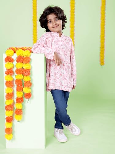 Image of KiddoPanti Boys 100% Cotton Ethnic Motif Printed Short Length Kurta