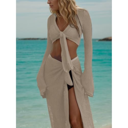 Crochet Two Piece Set Coverups Crop V Neck Long Sleeve Shirt Hollow Out Split Wrap Skirt Sexy Beach Sets4