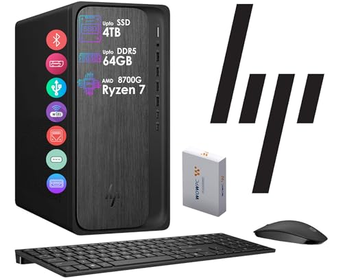 HP OmniDesk AI PC Desktop, 16 NPU Tops, Ryzen 7-8700G CPU (5.1GHz), 24GB DDR5 RAM, 1.5TB Storage (1TB PCIe SSD & 512 External Drive), Wi-Fi 6, Dual Monitor Support, Windows 11, Wireless KB & Mouse