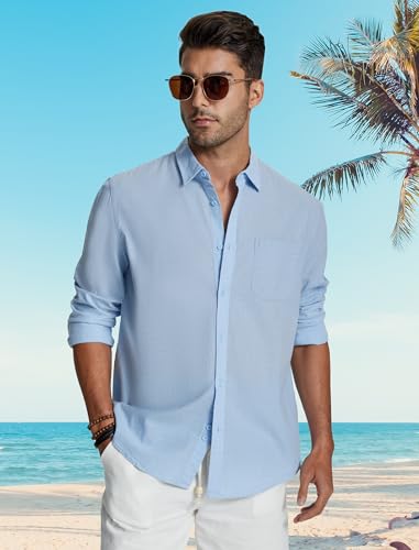 Friptspyg Leinenhemd Herren Langarm Baumwolle Leinen Hemd Herren Freizeithemden Casual Regular Fit Sommerhemd mit Tasche, Himmelblau 2XL 3