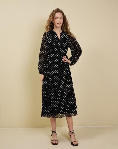 Women's Long Sleeve Midi Dress Spring 2025 Floral Tie Waist Chiffon Polka Dot Work Wedding Guest Dress with Pockets2