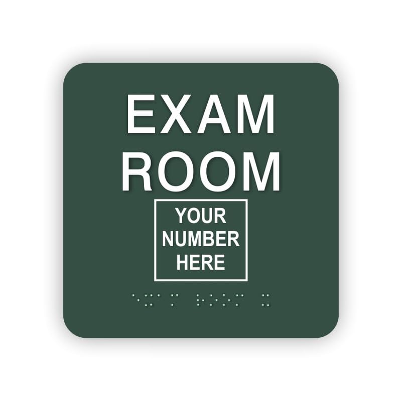 JUSTBRAILLESIGNS CUSTOMIZABLE ADA EXAM ROOM braille sign, 6” x 6”, ADA Compliant Exam Room Number Identification Sign for clinics, hospitals, dental