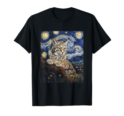 Cute Bobcat Graphic Van Gogh Style Starry Night T-Shirt