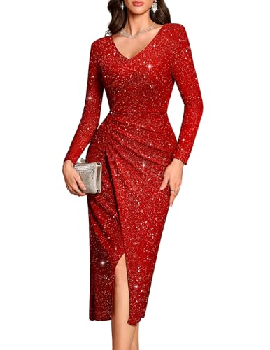 Bbonlinedress Glitzer Kleid Damen elegant Maxilang Langarm Winterkleider festliches Weihnachtskleid mit Pailletten Party Bodycon Cocktailkleid Red 2XL