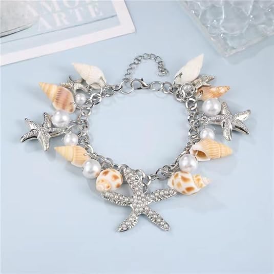 coadipress Shell Starfish Bracelet For Women Boho Conch Bracelets Gold Starfish Rudder Seashell Charm Pendant Link Bracelets Bohemian Hawaiian Summer Beach Bracelets Vacation Holiday Jewelry Gift - Image 4
