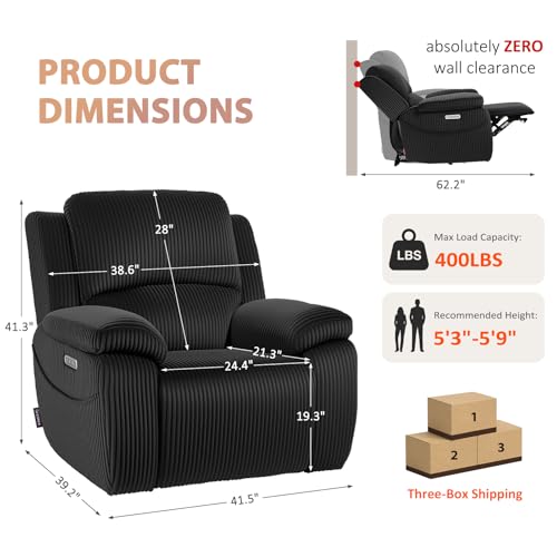 Image of EONIX Real Zero Clearance Wall Hugger Power Recliner Chair with Adjustable Headrest for Small Spaces, RV, Living Room, Bedroom, 24.4'' Seat Width, 400lbs Heavy Duty, SXXY017992, Corduroy, Jet Black