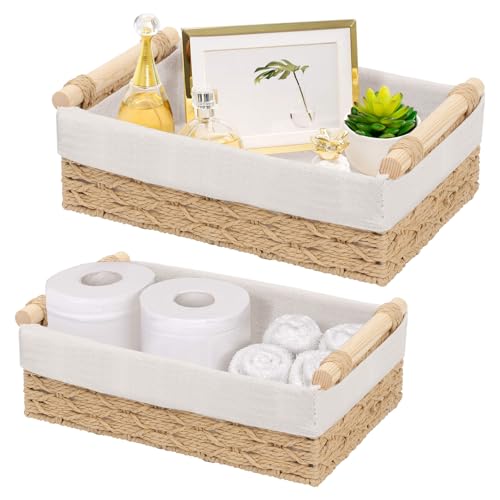2 Pièces paniers de rangement tressés, Panier Osier Tressés avec Anse salle de bain, Boite Rotin pour Cuisine, Salle de Bain, Décor Maison