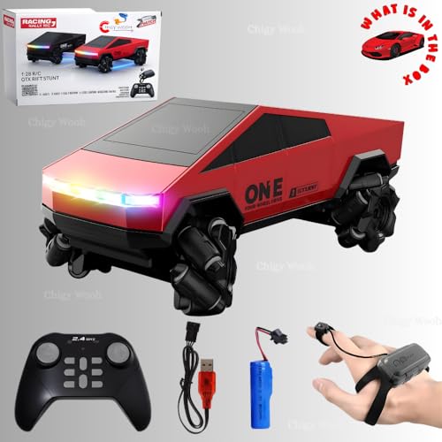 Image of RC Tesla Cyber Truck Style Stunt Car for Kids - 2.4GHz Remote Control Drift & Side Driving Toy | Scale 1:28 | 7 LED Colors of Light with Hand Gesture Control (Random Color)